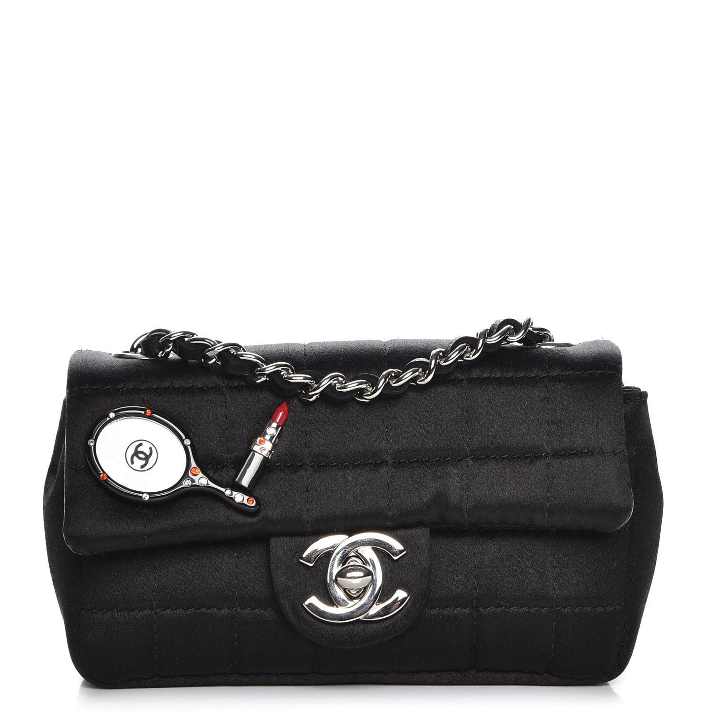 Satin Square Quilted Lipstick Charm Mini Flap Black