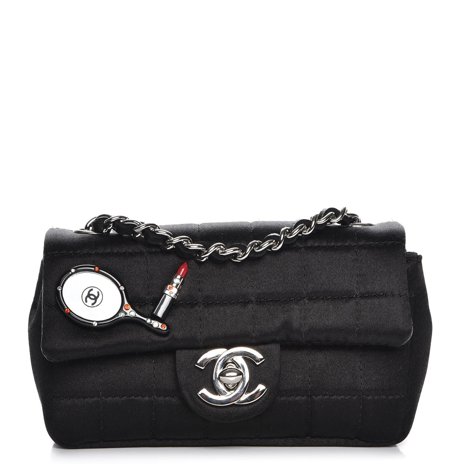Chanel Satin Square Quilted Lipstick Charm Mini Flap Black 1 of 7