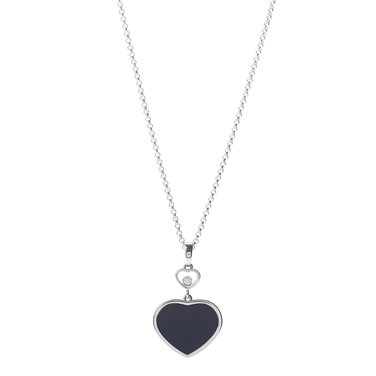 18K White Gold Diamond Onyx Happy Hearts Necklace