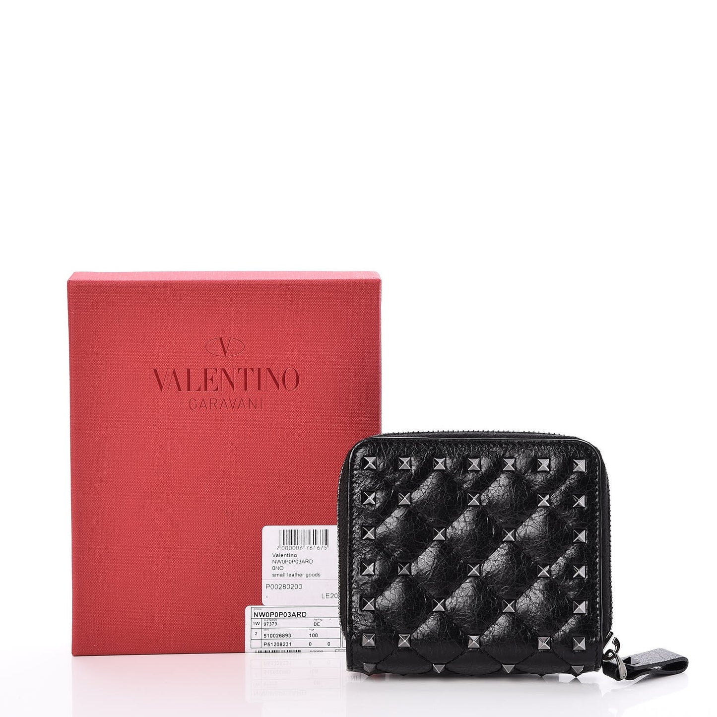 Craquele Nappa Rockstud Spike Compact Zip Around Wallet Black