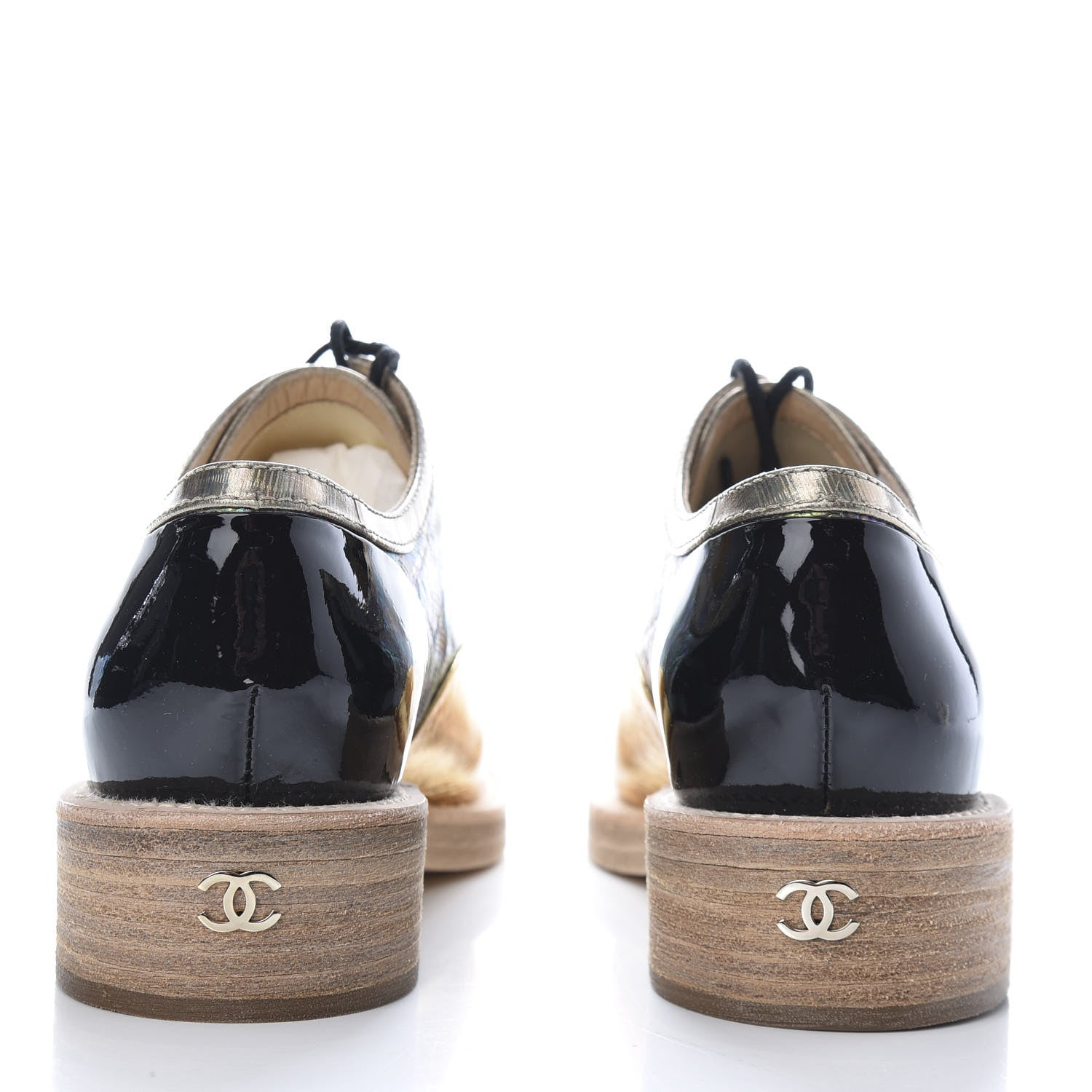 Chanel Metallic Goatskin Patent Calfskin Lizard Lace Up Loafers 37 Light Gold Black Multcolor 6 of 9