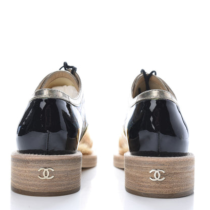Chanel Metallic Goatskin Patent Calfskin Lizard Lace Up Loafers 37 Light Gold Black Multcolor 6 of 9