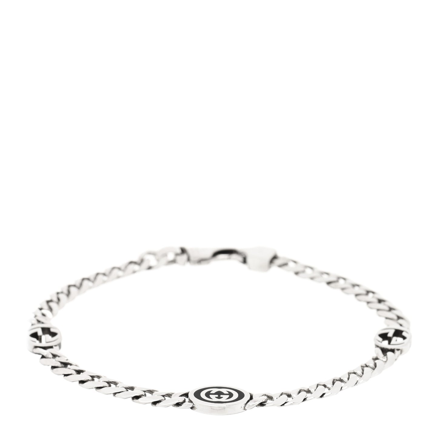 Sterling Silver Enamel Interlocking G Curb Chain Bracelet Black