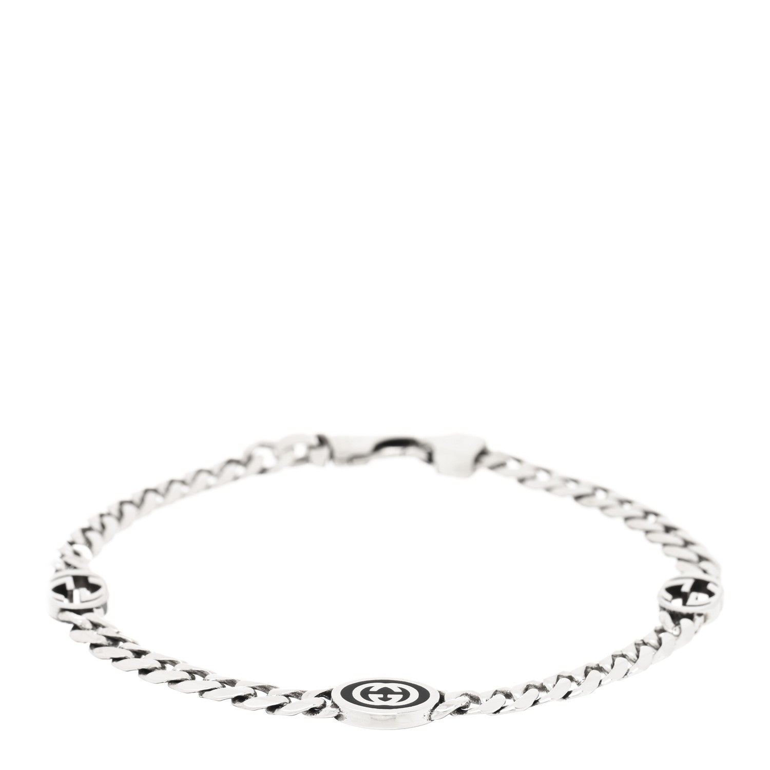 Gucci Sterling Silver Enamel Interlocking G Curb Chain Bracelet Black 1 of 3