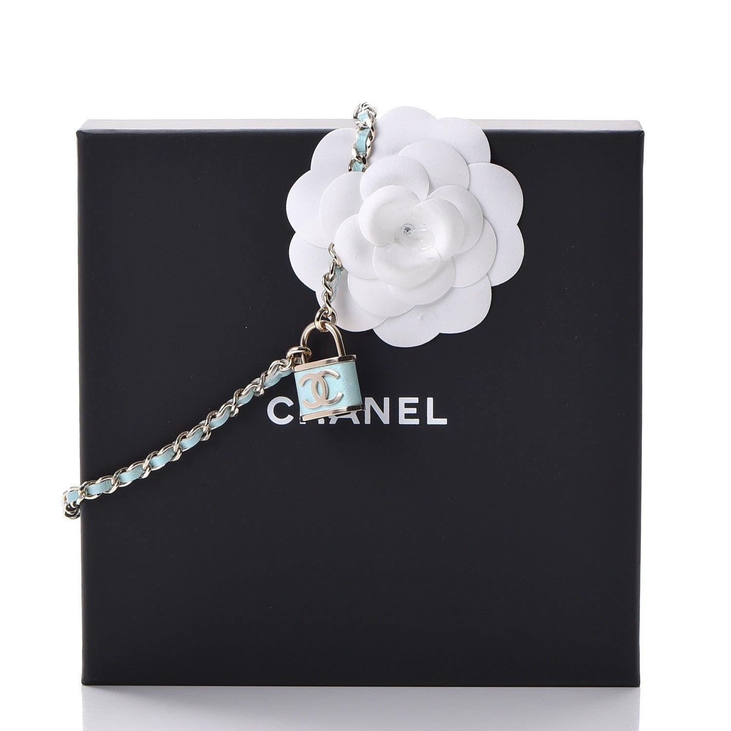 Chanel Calfskin Metal Padlock Necklace Gold Iridescent Blue 7 of 7