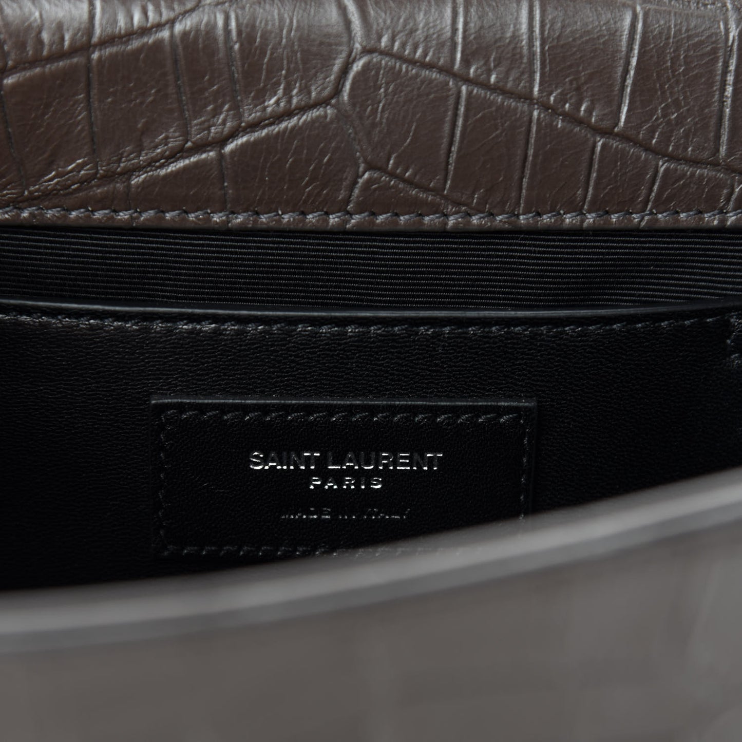 Calfskin Crocodile Embossed Medium Classic Monogram Kate Tassel Satchel Earth Grey