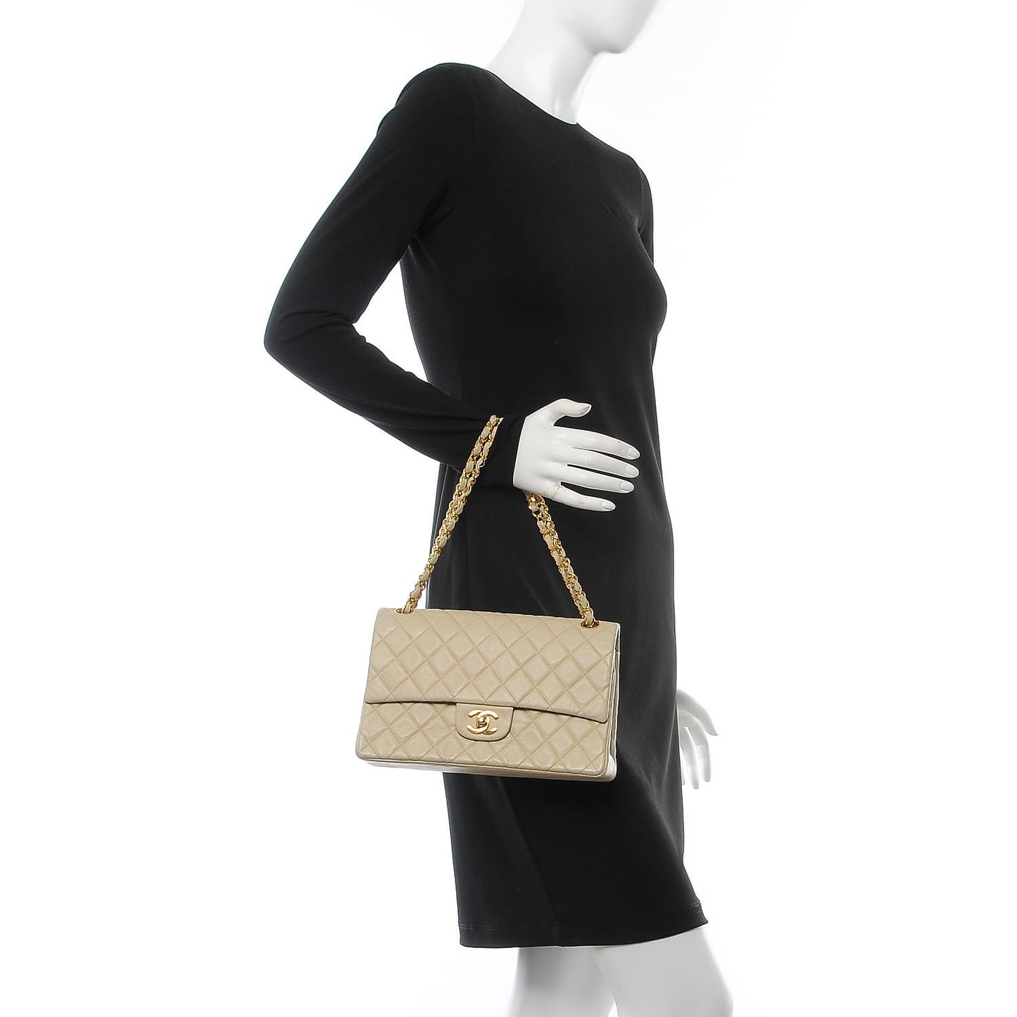 Lambskin Quilted Medium Double Flap Beige