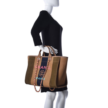 Chanel Straw Raffia Calfskin Striped Medium Deauville Tote Khaki Beige Navy Blue 3 of 10