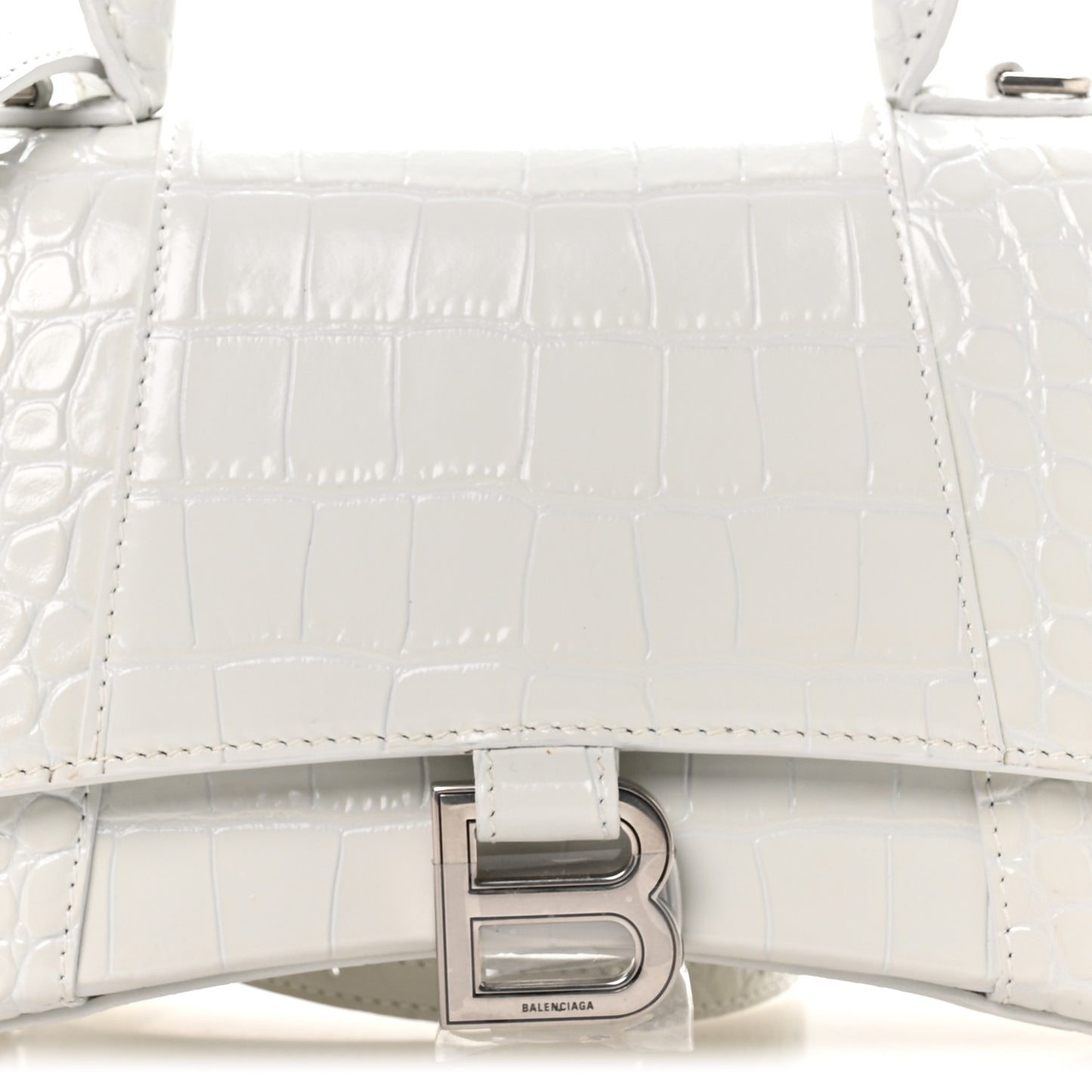 Shiny Calfskin Crocodile Embossed Small Hourglass Top Handle Bag White