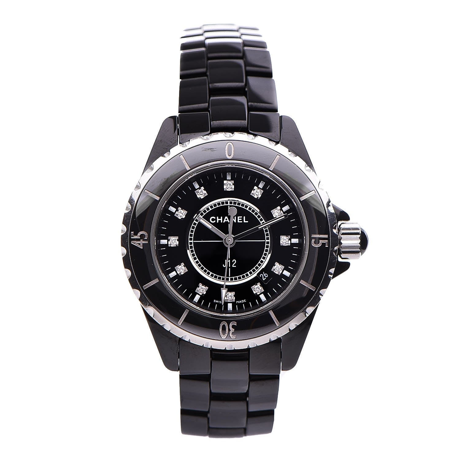 Chanel Stainless Steel Ceramic Diamond 33mm J12 Quartz Watch Black 1 of 9