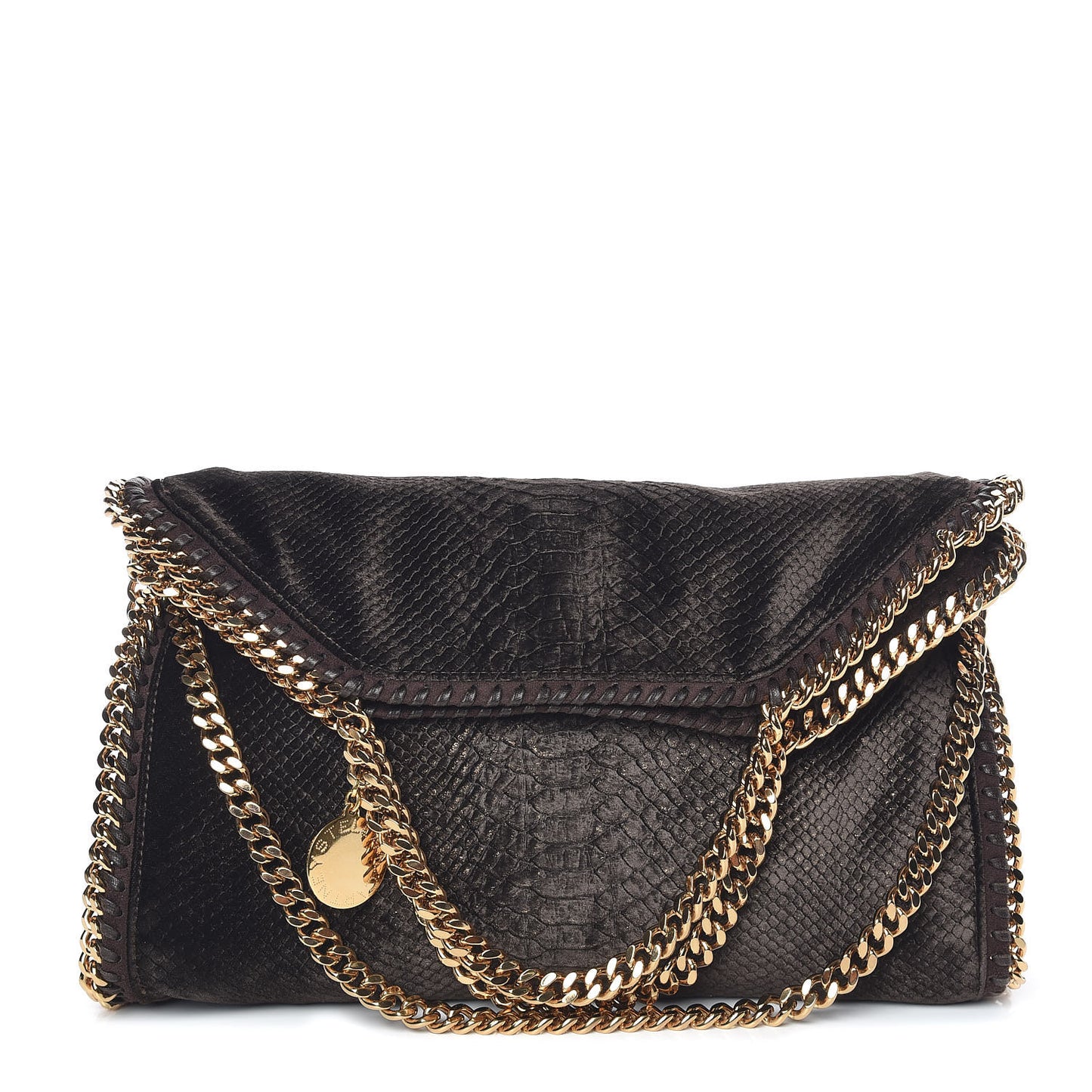 Metallic Snake Embossed Velvet Falabella Fold Over Tote Brown
