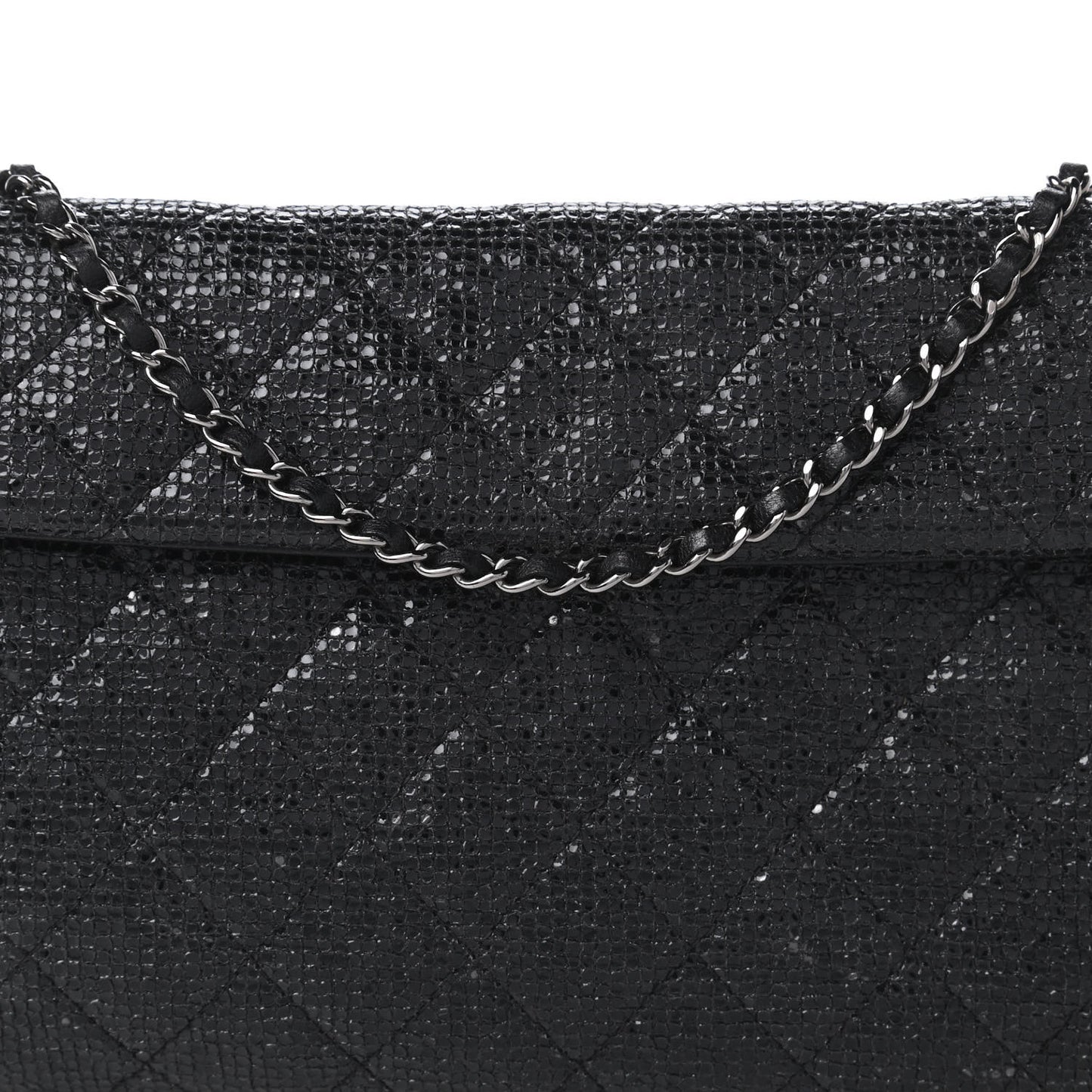 Iridescent Vinyl Quilted Clutch With Chain Black