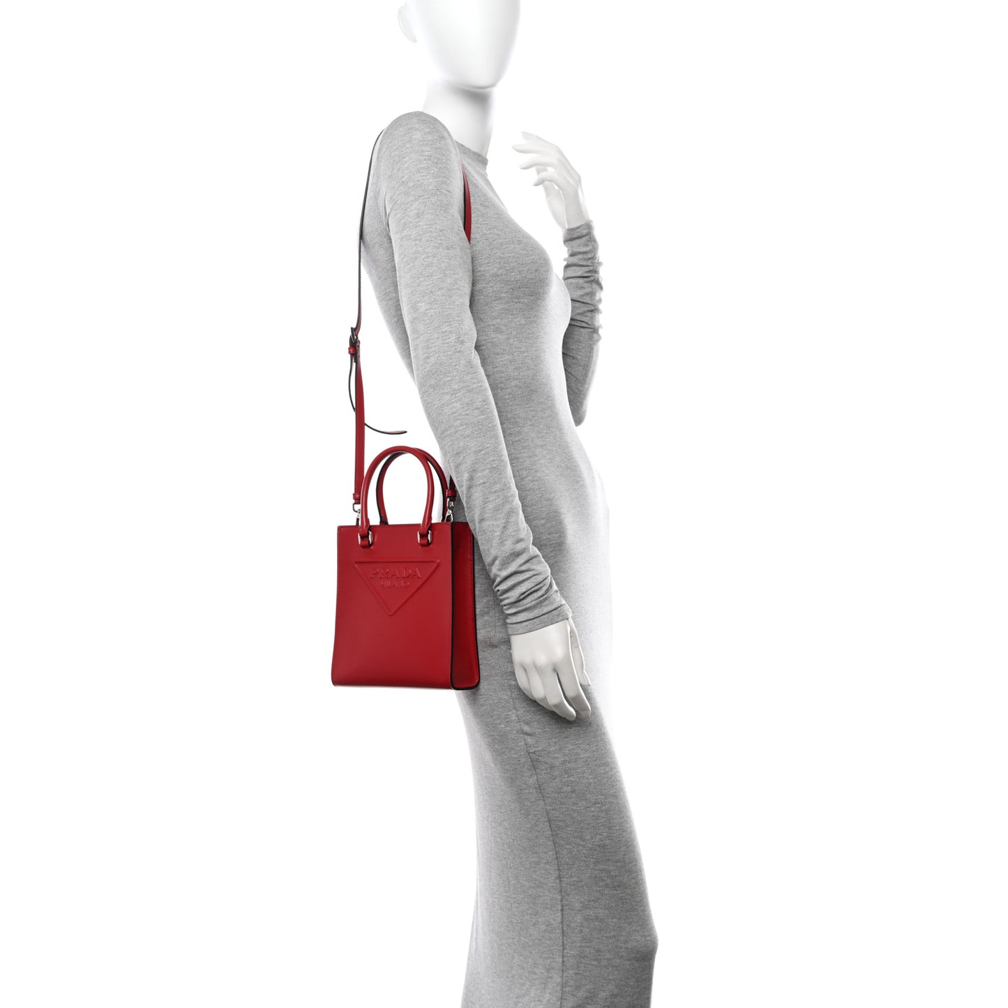 Soft Calfskin Triangle Logo Embossed Small Double Handle Crossbody Tote Rosso