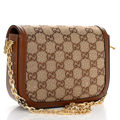 Gucci New Canvas Charisma Calfskin Crystal GG Monogram Mini Horsebit 1955 Shoulder Bag Camel Ebony 3 of 10