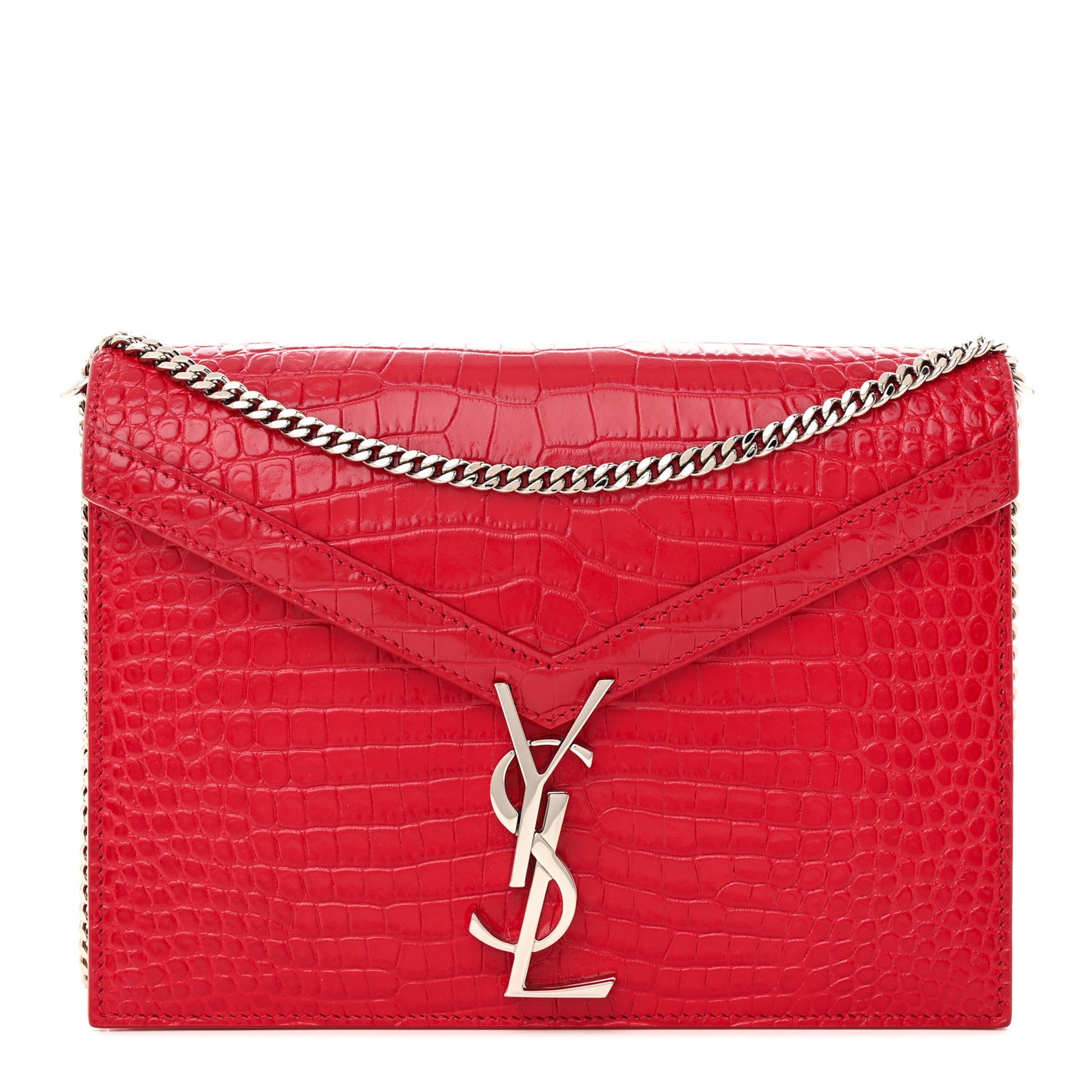 Calfskin Crocodile Embossed Monogram Cassandra Clasp Bag Red