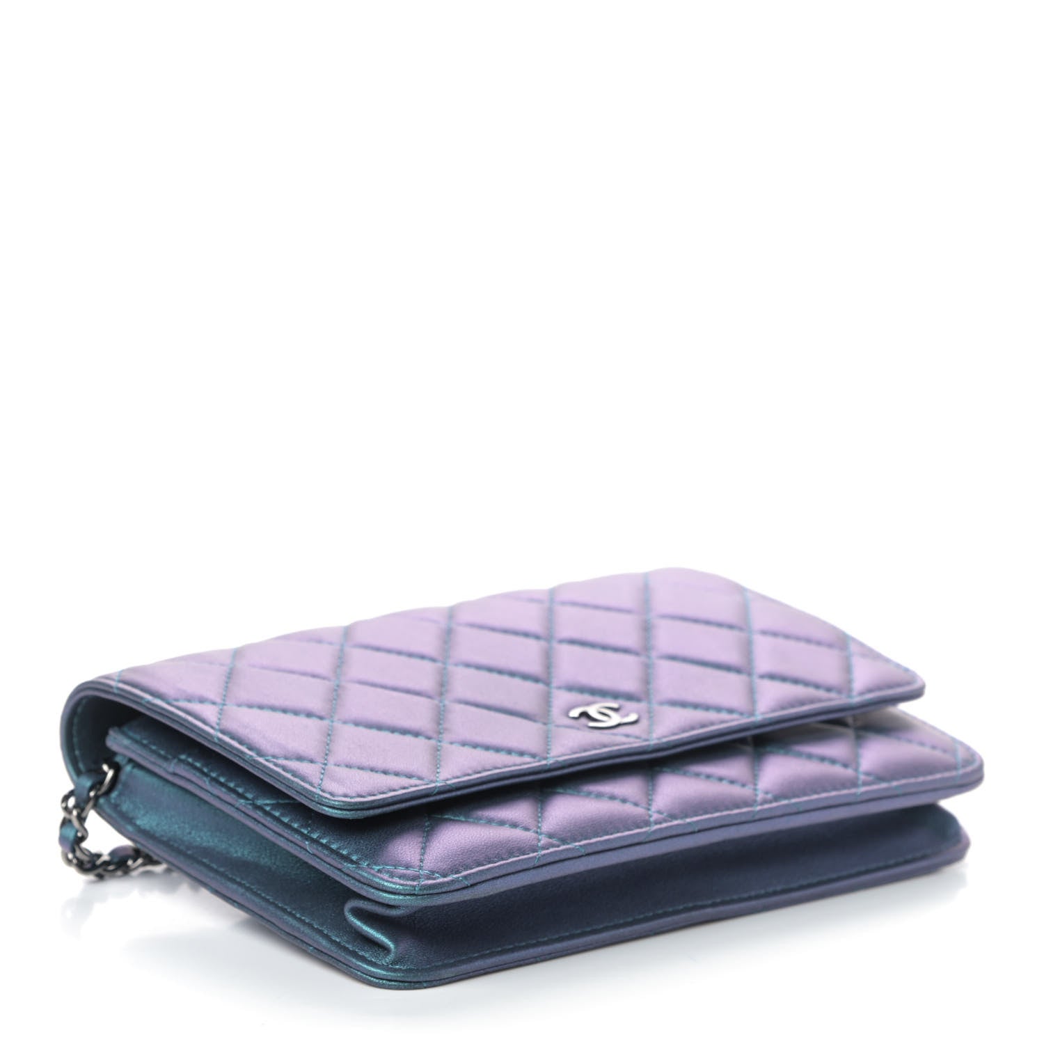 Chanel Metallic Lambskin Wallet On Chain WOC Turquoise 3 of 4