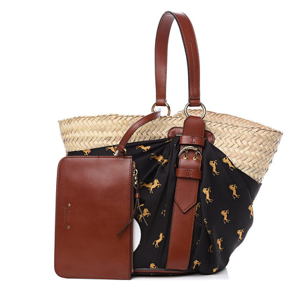 Chloe Smooth Calfskin Raffia Little Horses Medium Panier Basket Black Yellow 1 of 9