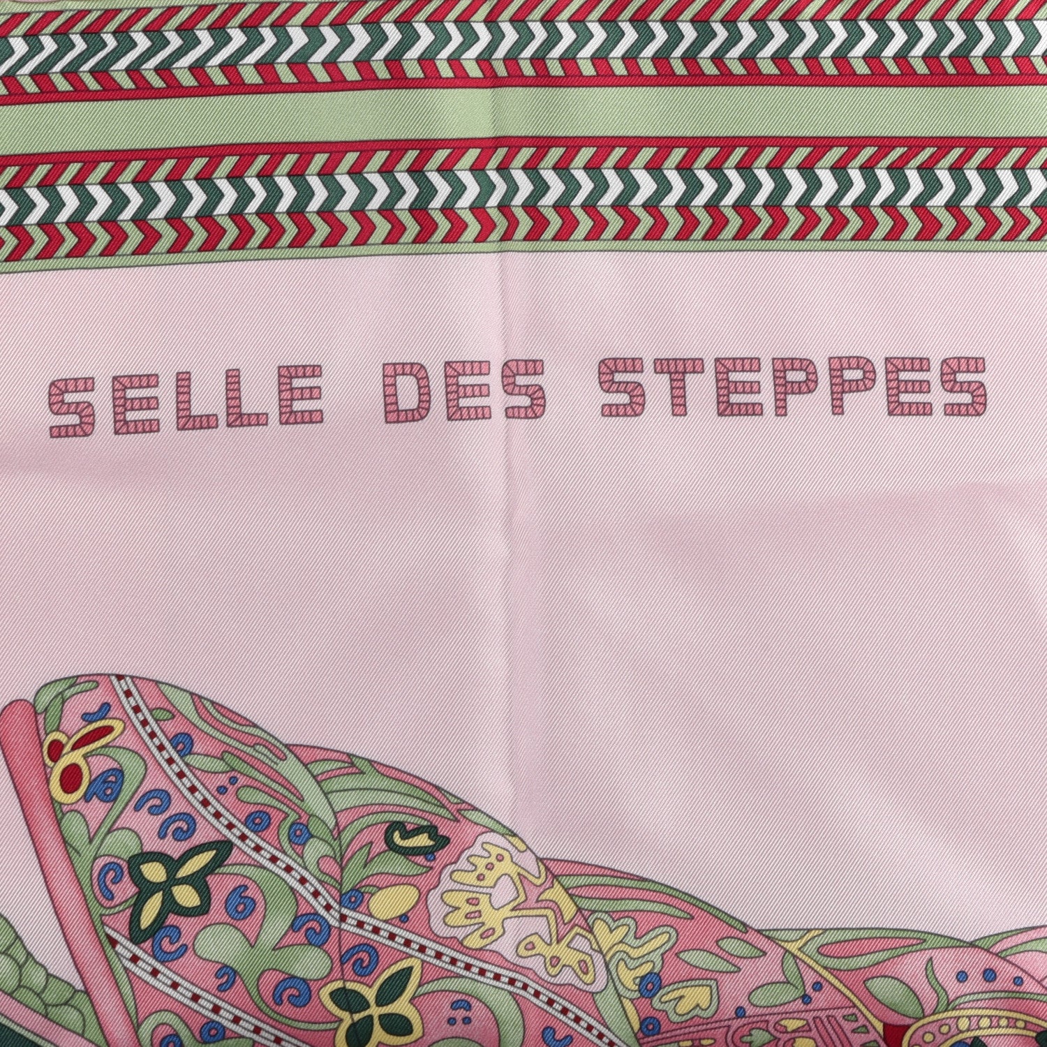 Hermes Silk Selle Des Steppes Scarf 90 Rose Pale Bleu Jean 5 of 8
