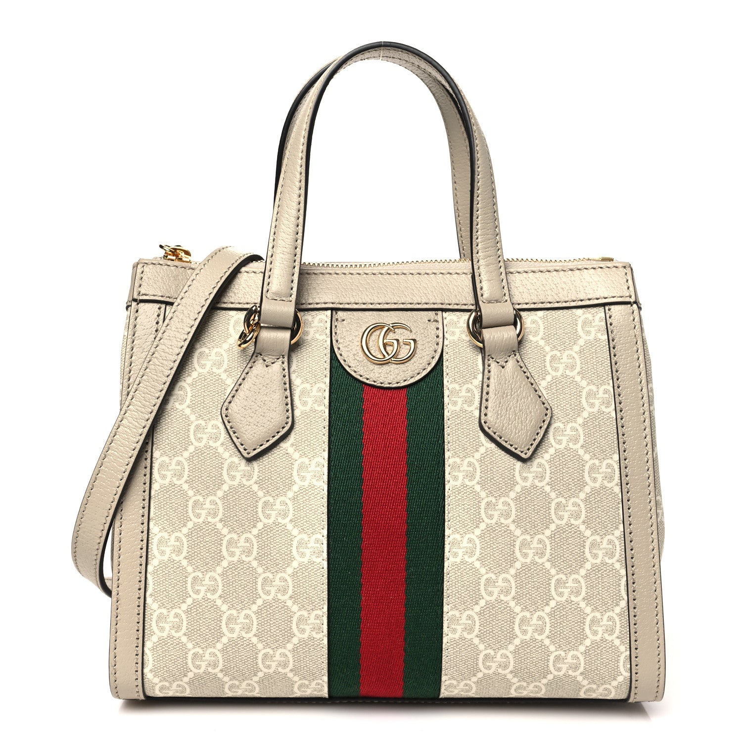 Gucci GG Supreme Monogram Textured Dollar Calfskin Web Small Ophidia Tote Bag Beige Mystic White Oatmeal 1 of 10