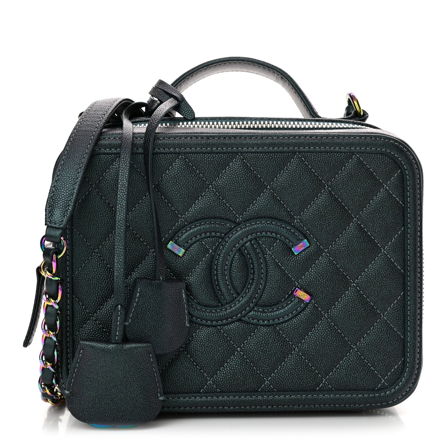 Iridescent Caviar Quilted Medium CC Filigree Vanity Case Dark Turquoise