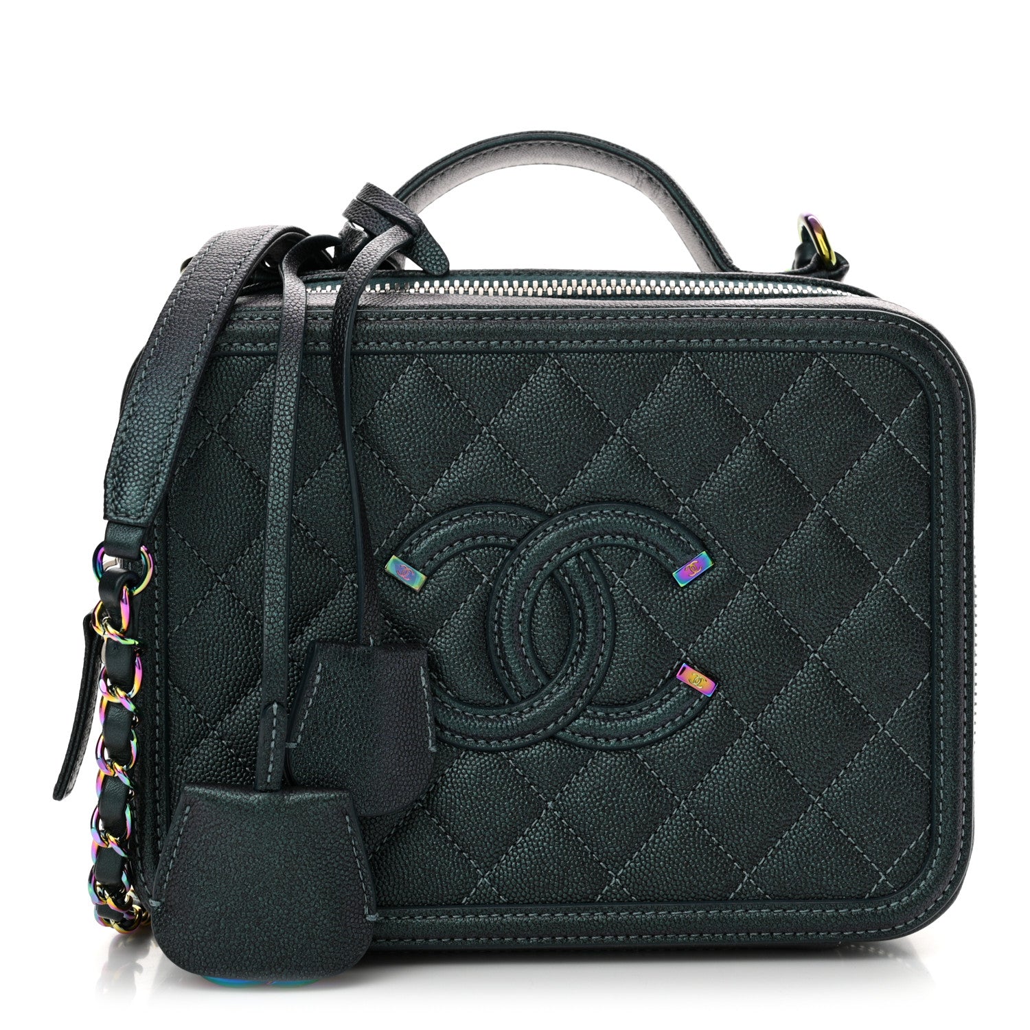 Chanel Iridescent Caviar Quilted Medium CC Filigree Vanity Case Dark Turquoise 1 of 10