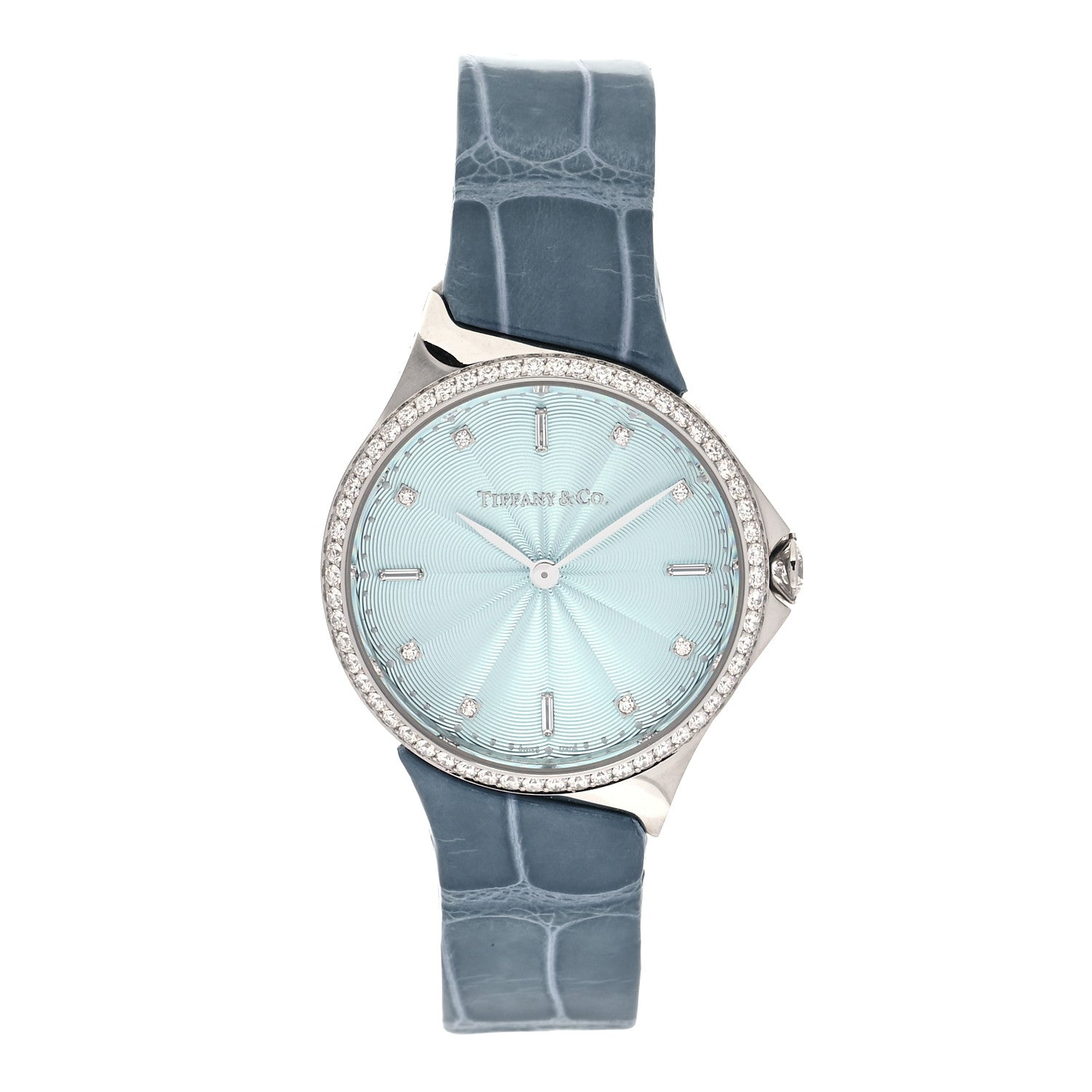 Tiffany Stainless Steel Alligator Diamond Bezel 28mm Metro Quartz Watch Ice Blue 1 of 5