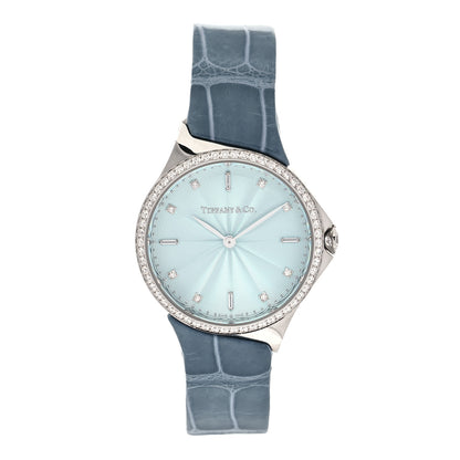 Tiffany Stainless Steel Alligator Diamond Bezel 28mm Metro Quartz Watch Ice Blue 1 of 5