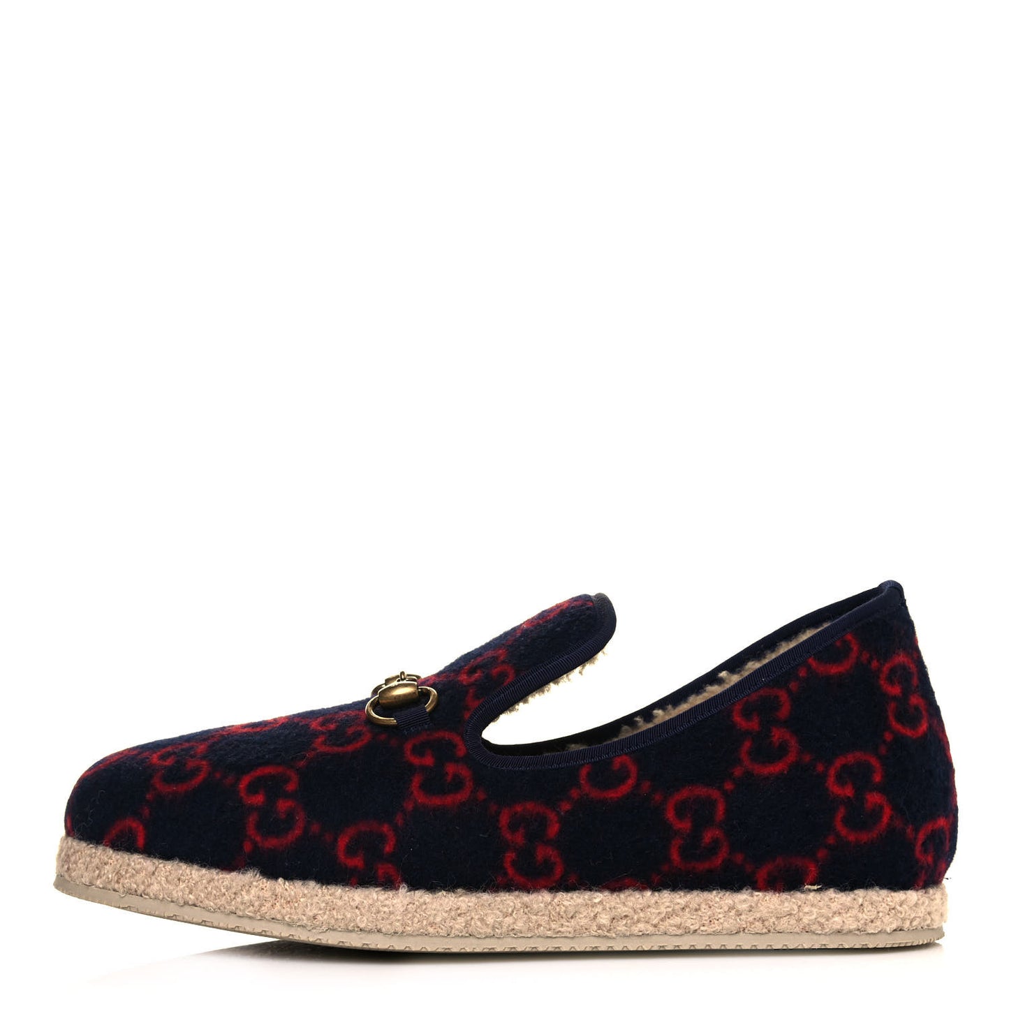 Covered Wool GG Monogram Mens Fria Horsebit Loafers 7.5 Blue Red Butterscotch