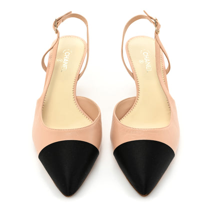 Chanel Lambskin Pearl Cap Toe CC Slingback Pumps 39.5 Beige Black 2 of 13