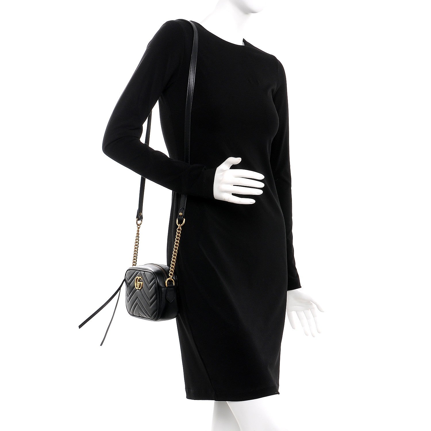 Gucci Calfskin Matelasse Mini GG Marmont Chain Shoulder Bag Black 2 of 7