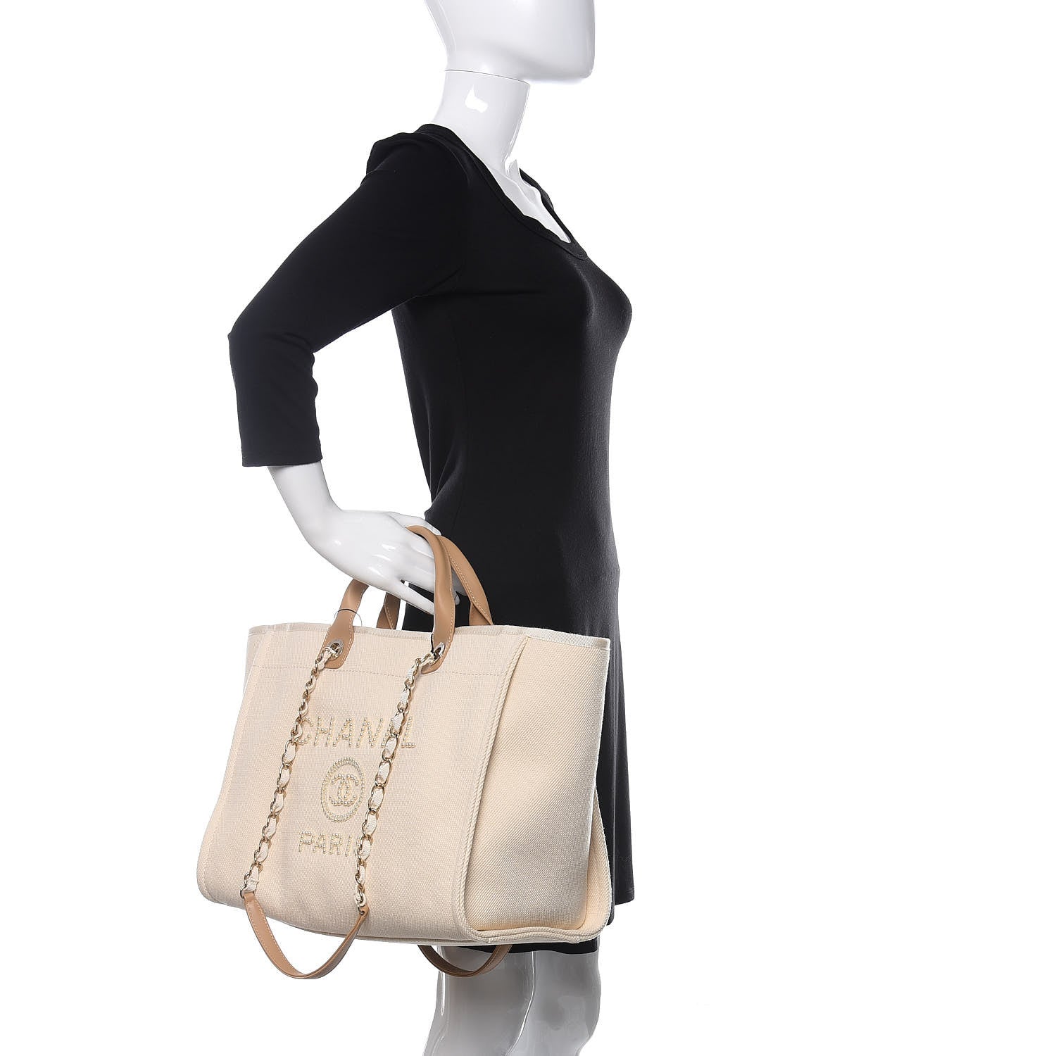 Chanel Canvas Pearl Large Deauville Tote Ecru Beige 2 of 12