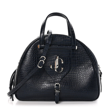 Jimmy Choo Calfskin Crocodile Embossed Small Varenne Bowling Bag Navy 1 of 9