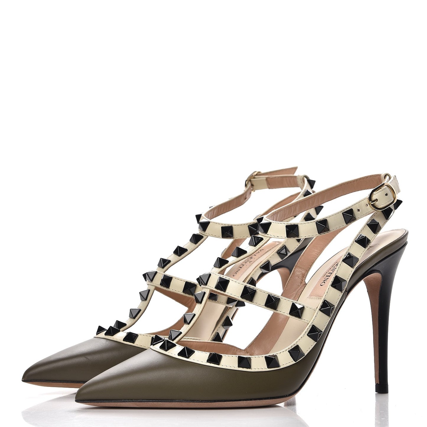 Nappa Rockstud Ankle Strap 100mm Pumps 36 Army Green Light Ivory
