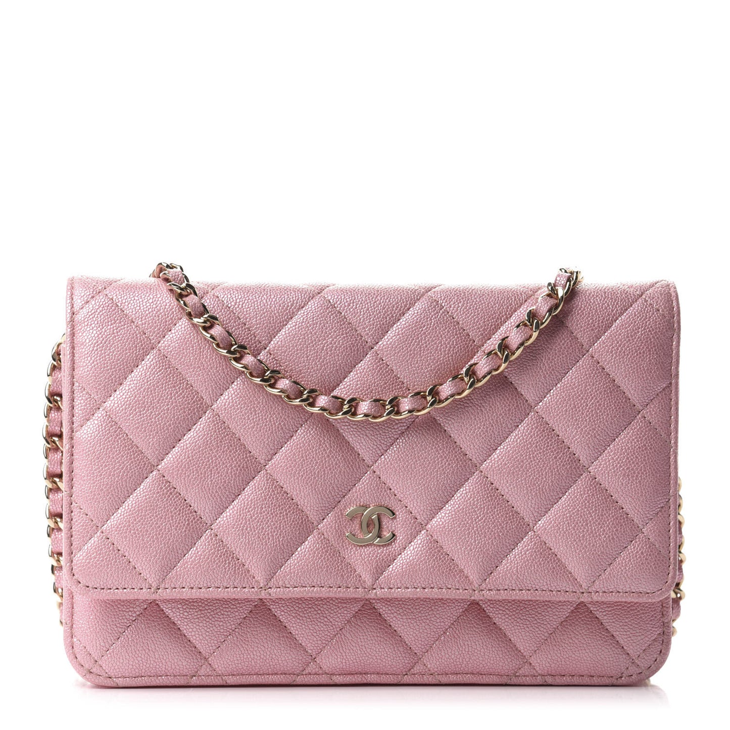 Iridescent Caviar Quilted Wallet on Chain WOC Rose Pink