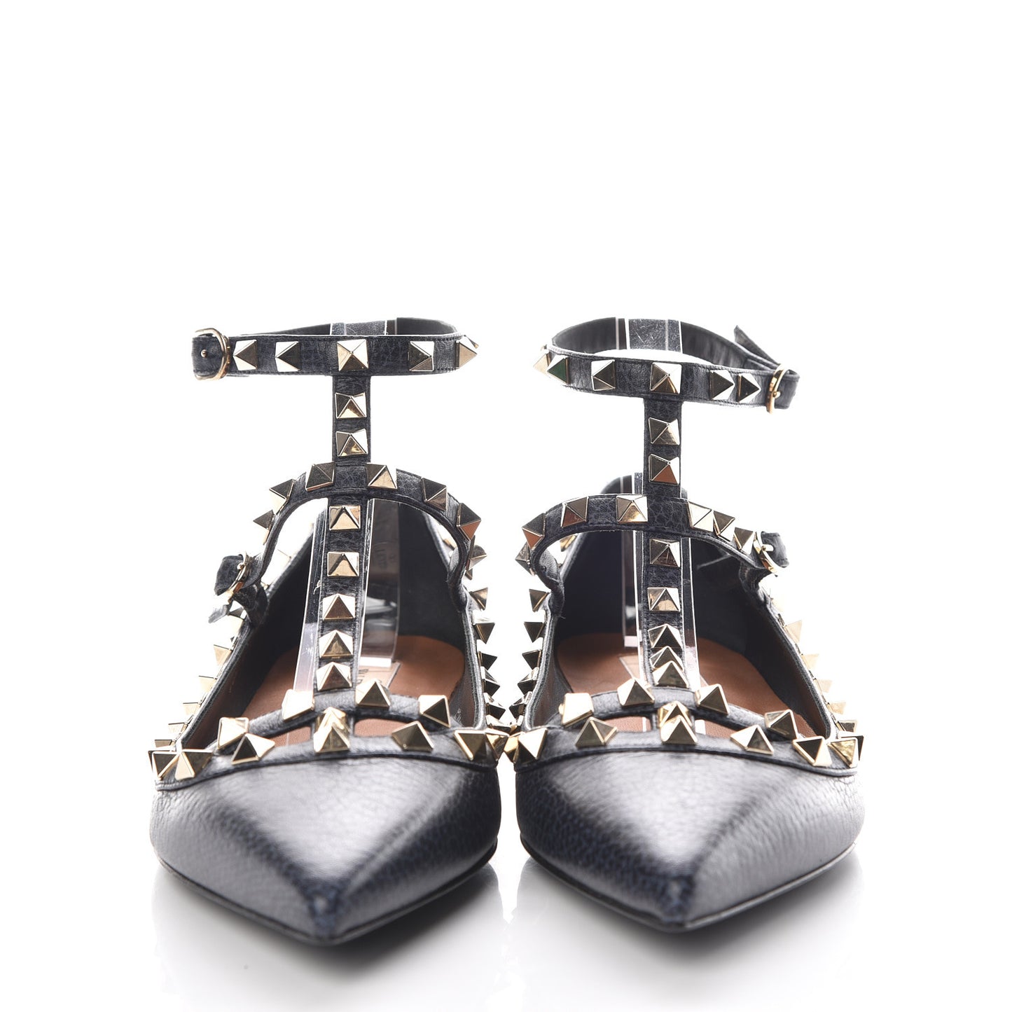 Pebbled Calfskin Rockstud Cage Ballerina Flats 37 Deep Denim