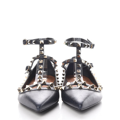 Valentino Garavani Pebbled Calfskin Rockstud Cage Ballerina Flats 37 Deep Denim 2 of 8