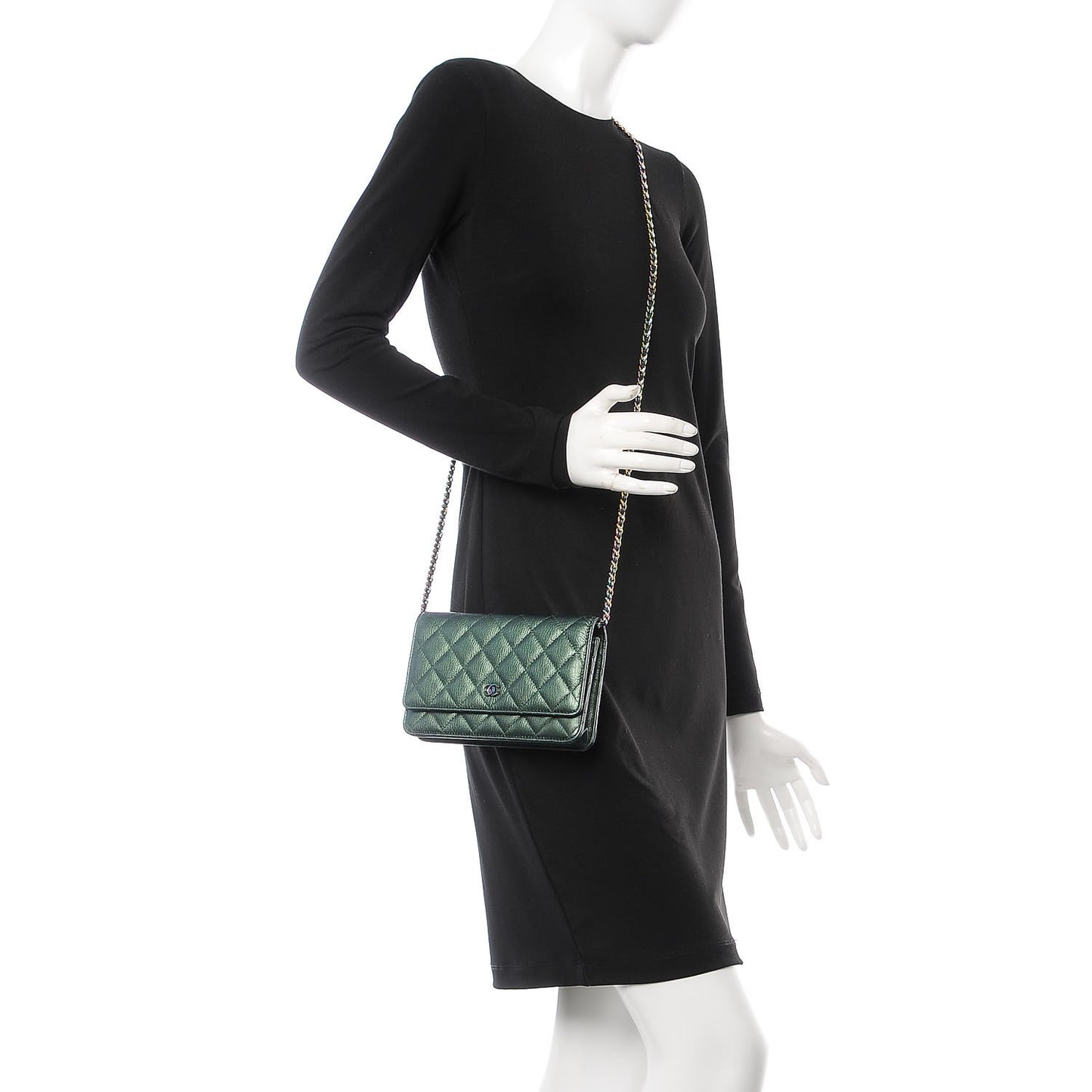 Iridescent Goatskin Quilted Wallet On Chain WOC Green