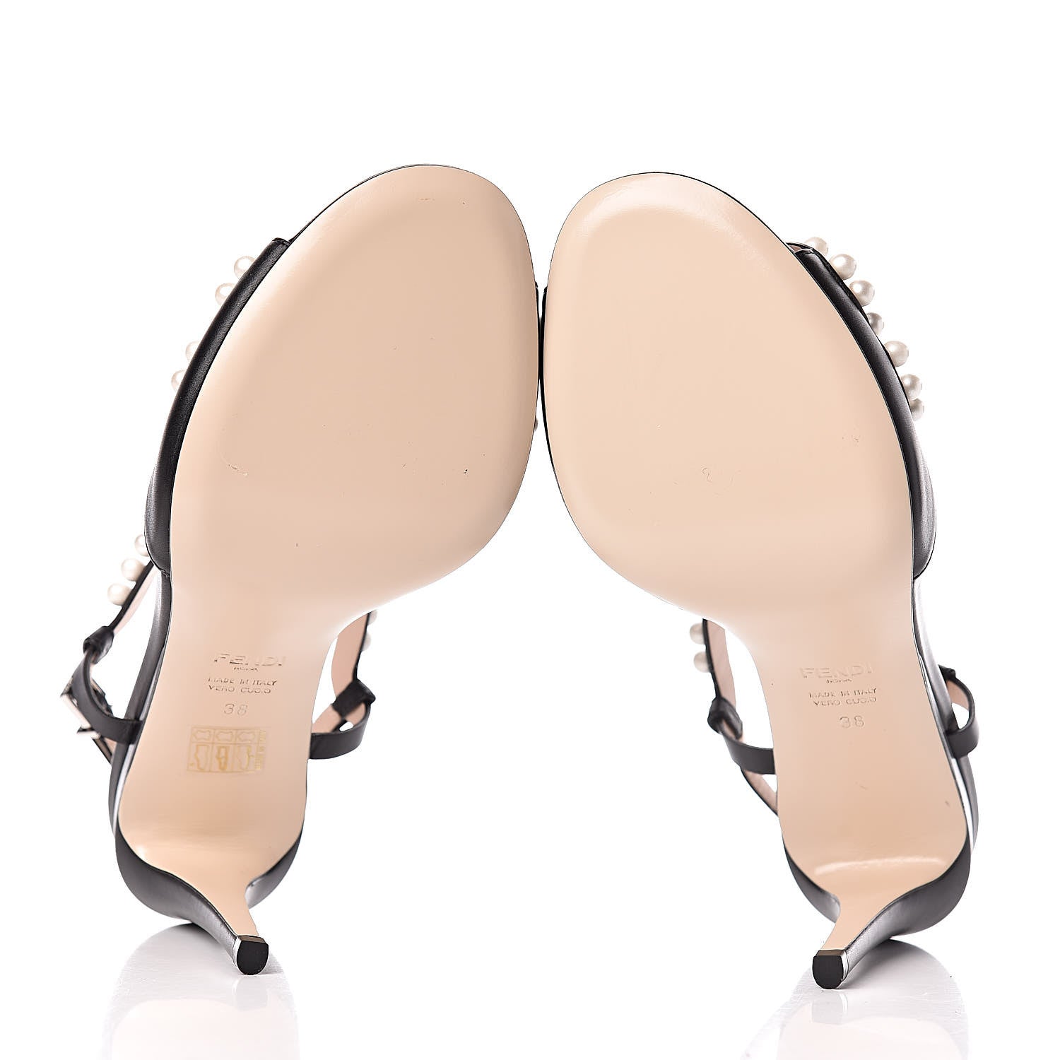Fendi Calfskin Faux Pearl Embellished Bow Ankle Strap Heel 38 Black 5 of 13