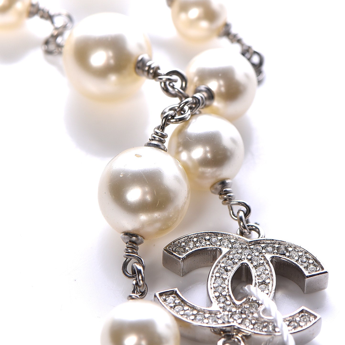 Graduated Pearl Crystal CC Long Necklace Silver