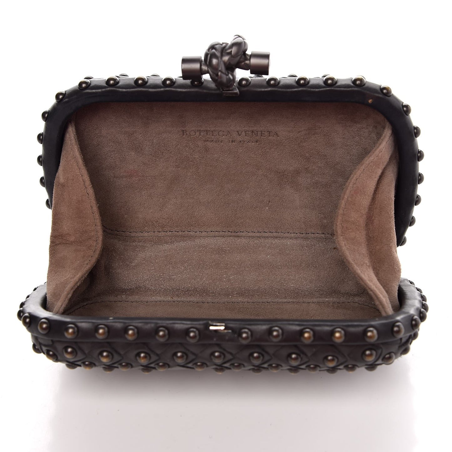 Waxy Nappa Intrecciato Knot Studded Clutch Gray