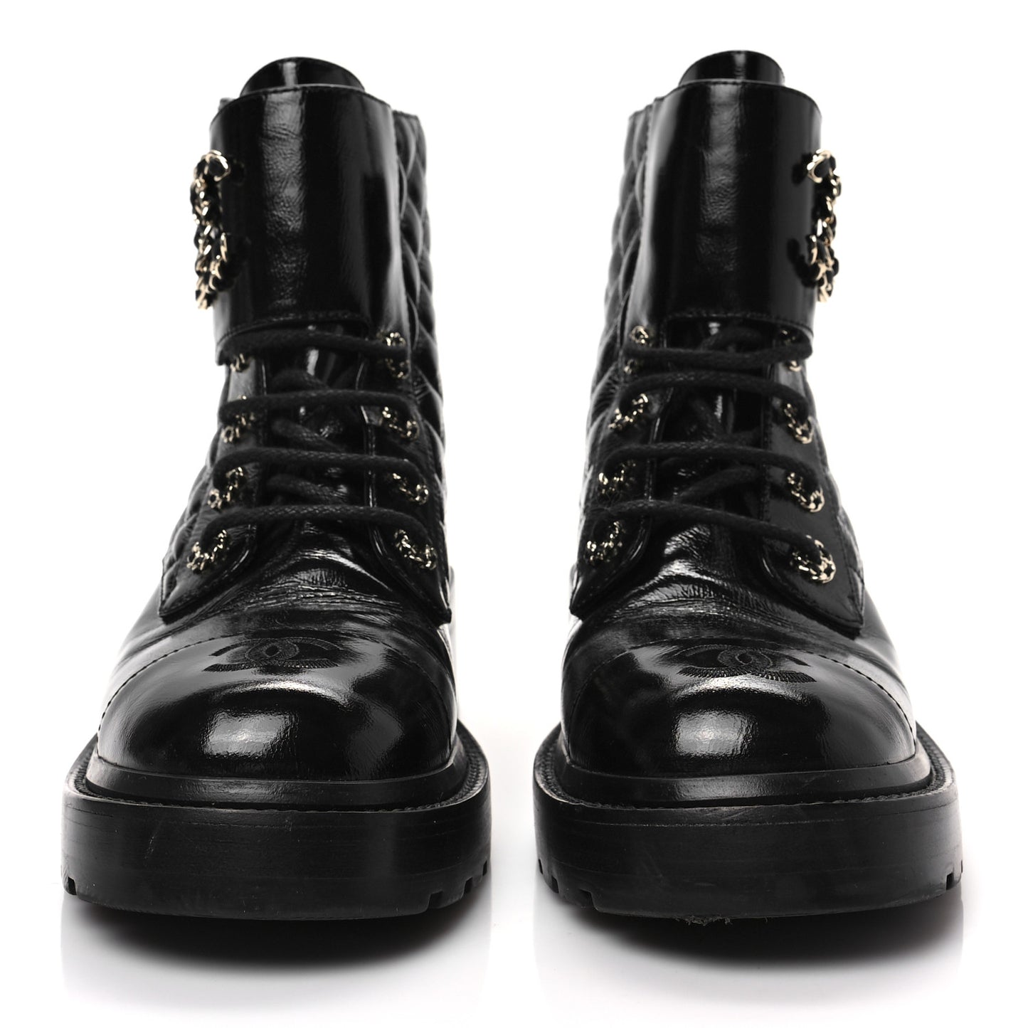 Shiny Calfskin Quilted Lace Up Combat Boots 39 Black