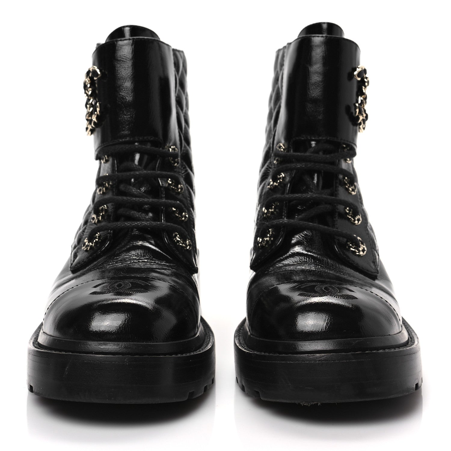 Chanel Shiny Calfskin Quilted Lace Up Combat Boots 39 Black 2 of 9