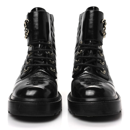 Chanel Shiny Calfskin Quilted Lace Up Combat Boots 39 Black 2 of 9