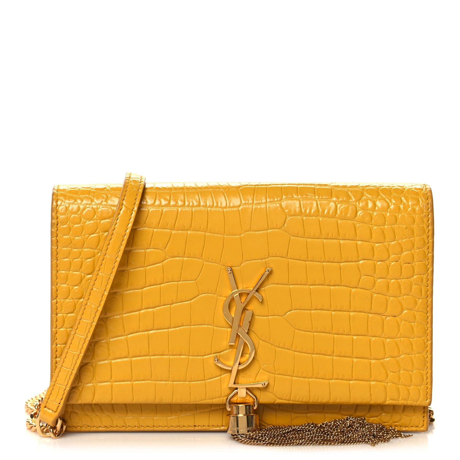 Saint Laurent Calfskin Crocodile Embossed Medium Classic Monogram Kate Tassel Satchel Saffron 1 of 12