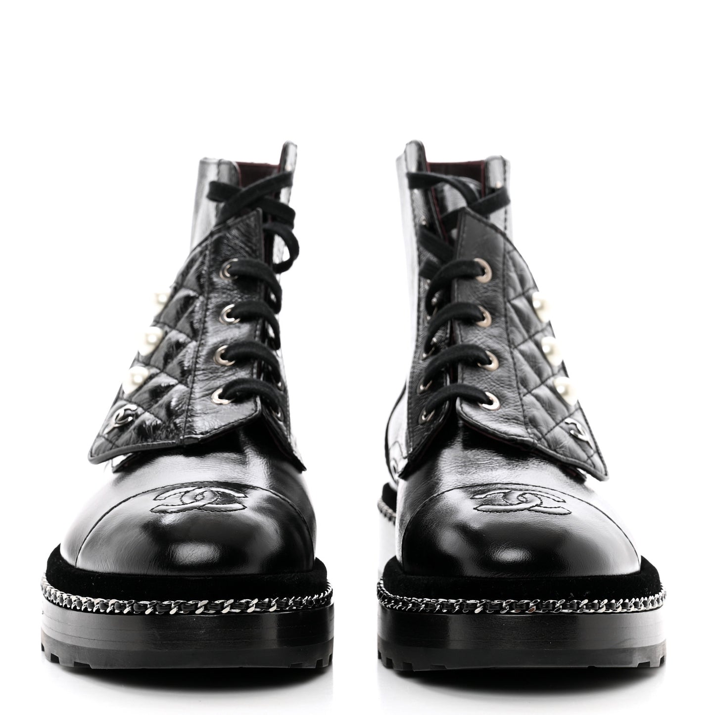 Crackled Calfskin Velvet Pearl Combat Short Boots 37.5 Black