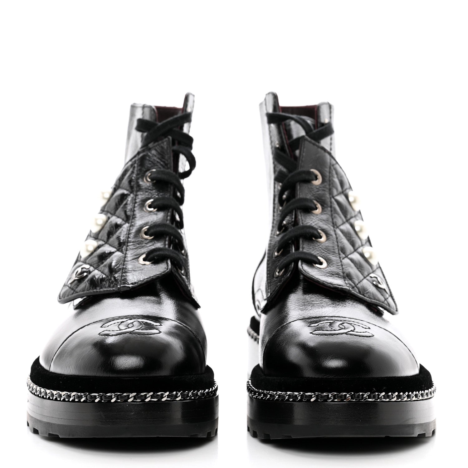 Chanel Crackled Calfskin Velvet Pearl Combat Short Boots 37.5 Black 2 of 9
