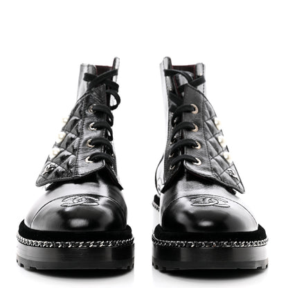 Chanel Crackled Calfskin Velvet Pearl Combat Short Boots 37.5 Black 2 of 9