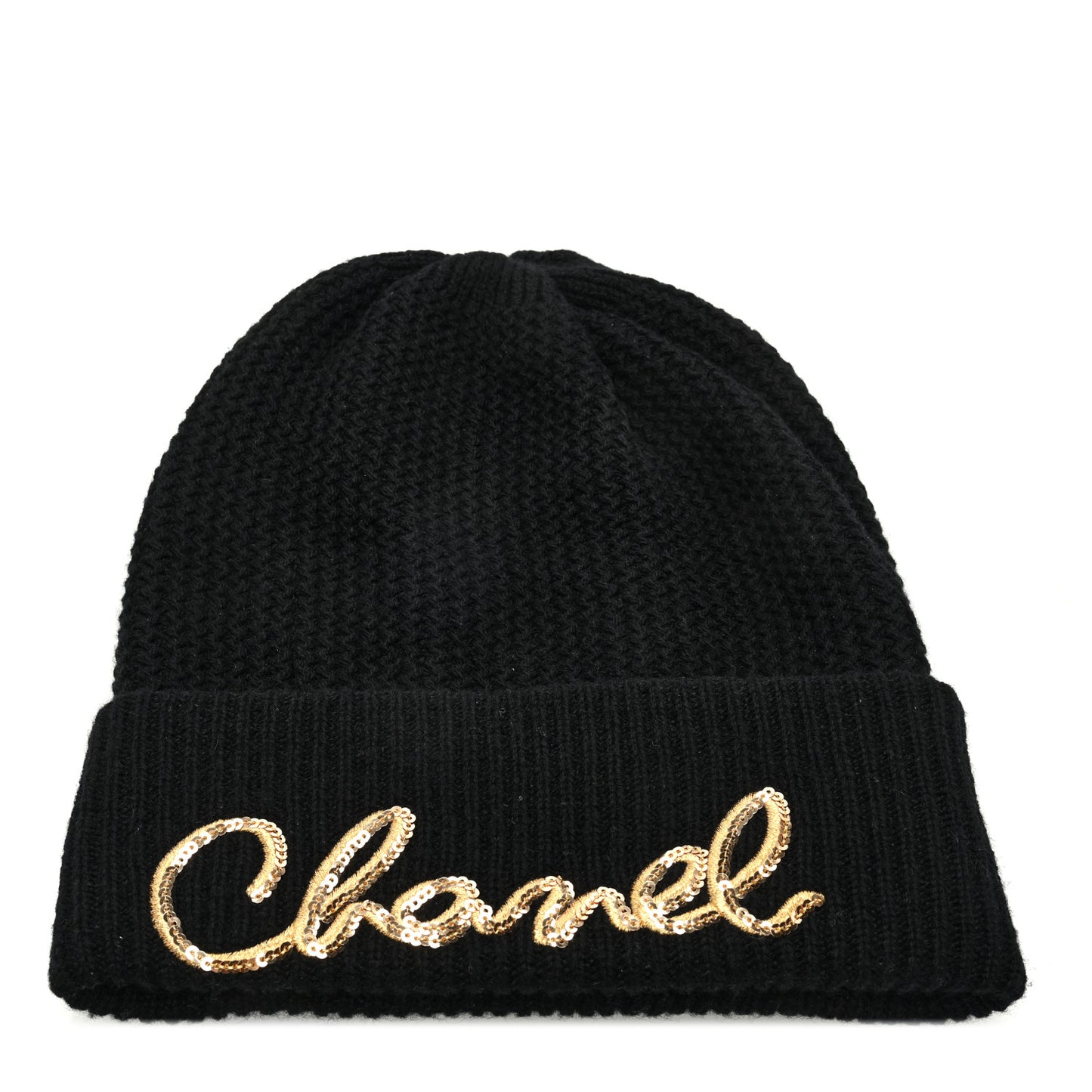 Cashmere Sequin Logo Beanie Hat Black Gold
