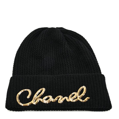 Chanel Cashmere Sequin Logo Beanie Hat Black Gold 1 of 5