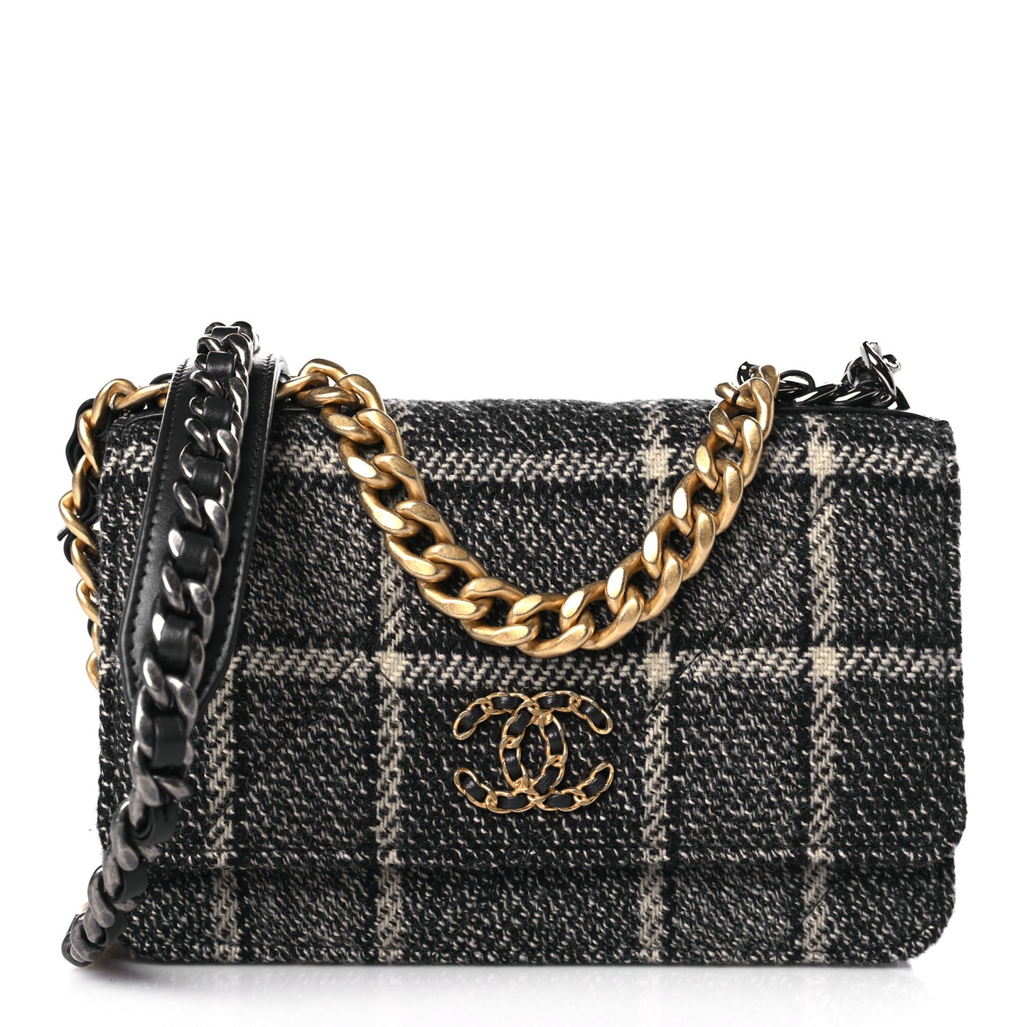 Tweed Quilted Chanel 19 Wallet On Chain WOC Grey Black Beige